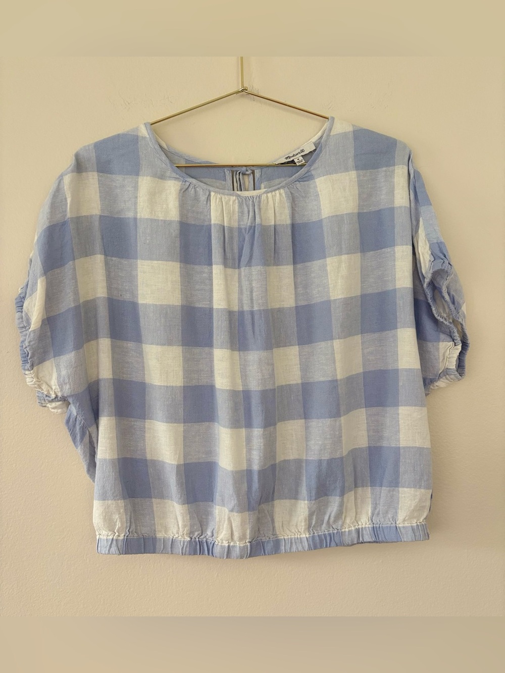 Madewell Blue White Gingham Puff Sleeve Tie Back Linen Blend Top M - Picture 2 of 5